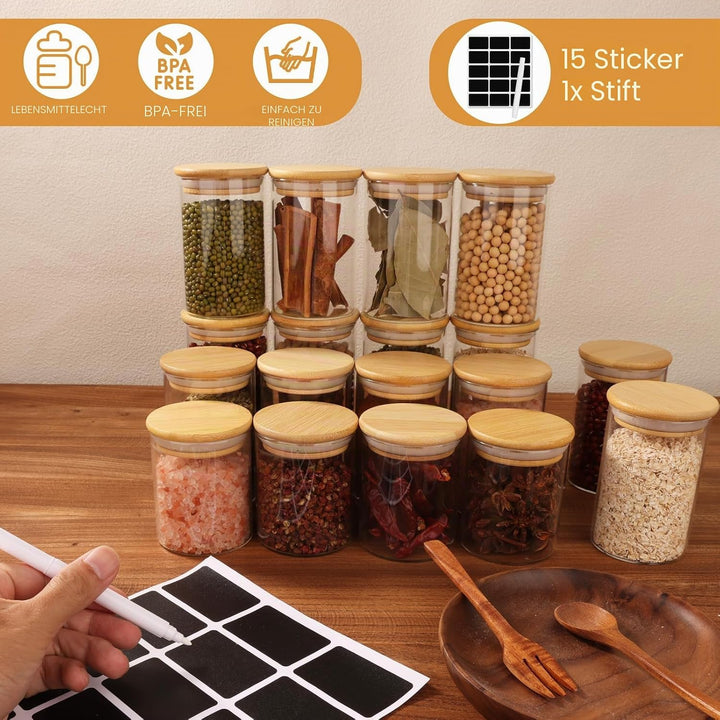 Cinnani 300ml Gewürzgläser Rund Set luftdicht mit Holzdeckel, 12 Stück Gewürzdosen Glas Gewürzbehält