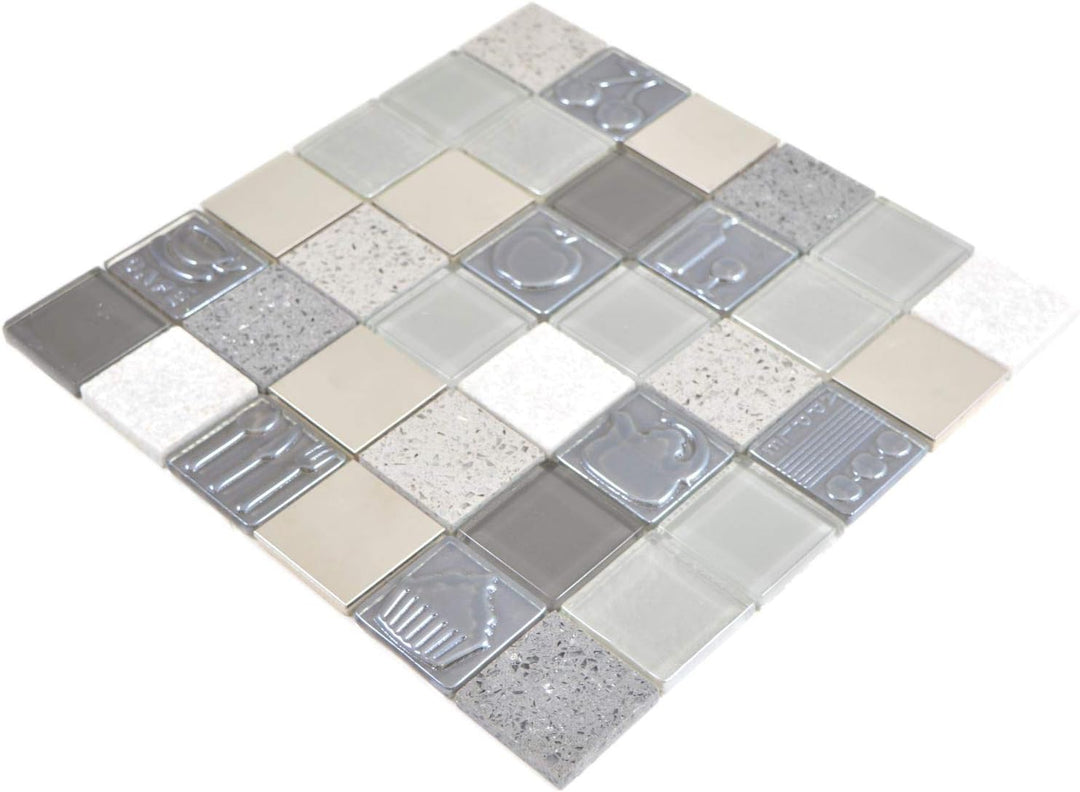 Mosaik Fliese Quadrat Crystal/Artificial/Stein/Stahl mix Relief grey für WAND BAD WC KÜCHE FLIESENSP