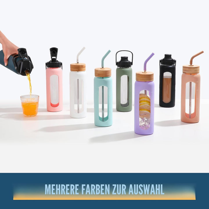 BLUEGO Trinkflasche Glas 700ml Sport Wasserflasche mit 2 Deckeln und Strohhalm Auslaufsichere Glasfl