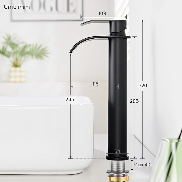 CECIPA Wasserhahn Bad Schwarz, Edelstahl Waschtischarmatur mit Auslauf Höhe 245 mm, Einhandmischer A