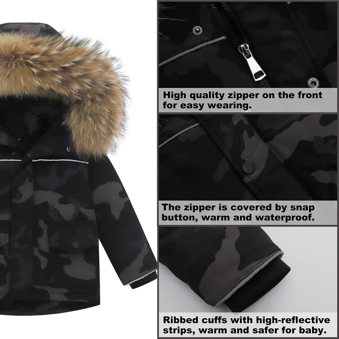 Kinder Skianzüge 2 Stück Schneeanzug - Daunenjacke mit Künstliches Fell Kaputze + Schneelatzhose, Wi