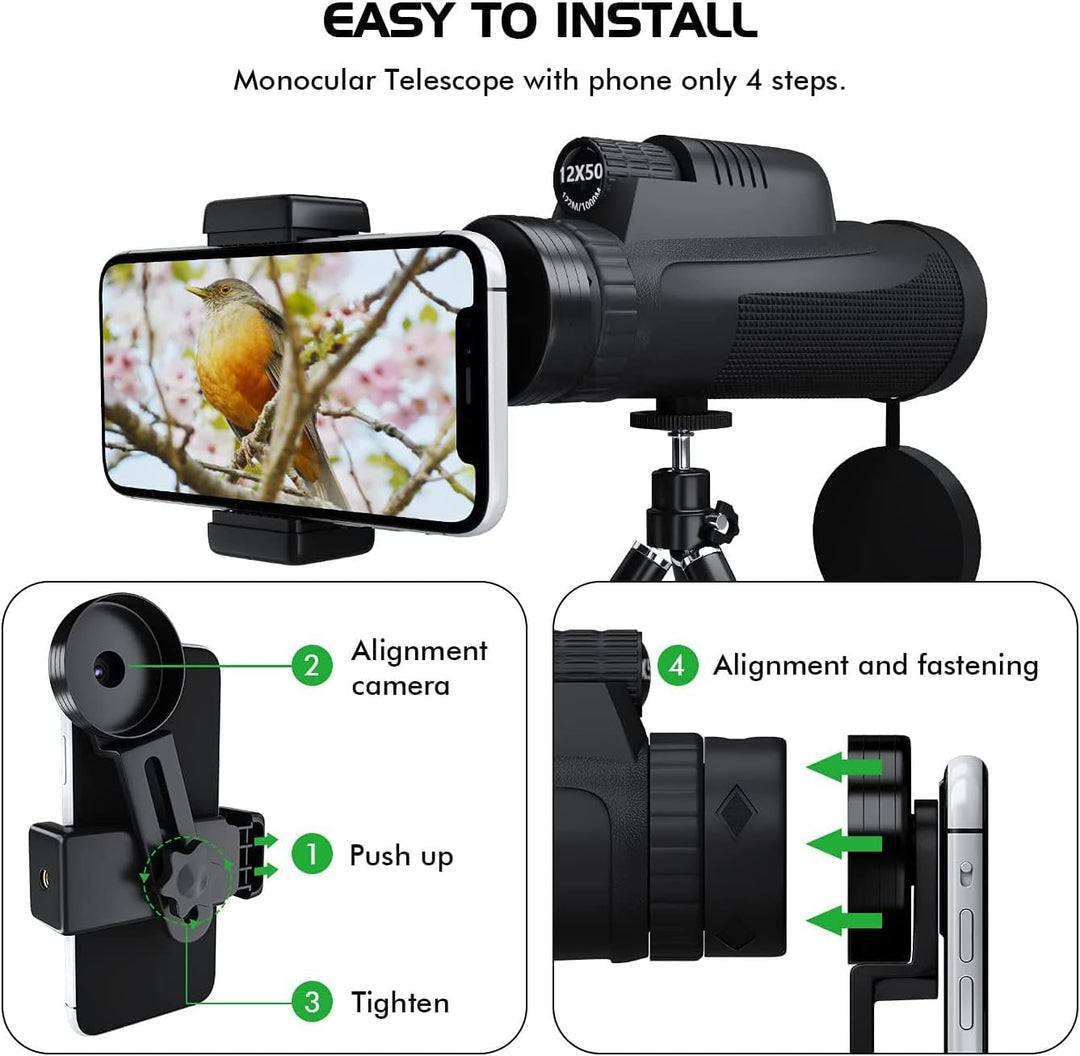 Monokular T8-12x Zoom Monokular mit Nachtsicht | Fernrohr Erwachsene mit BAK4 HD FMC with Adapter an