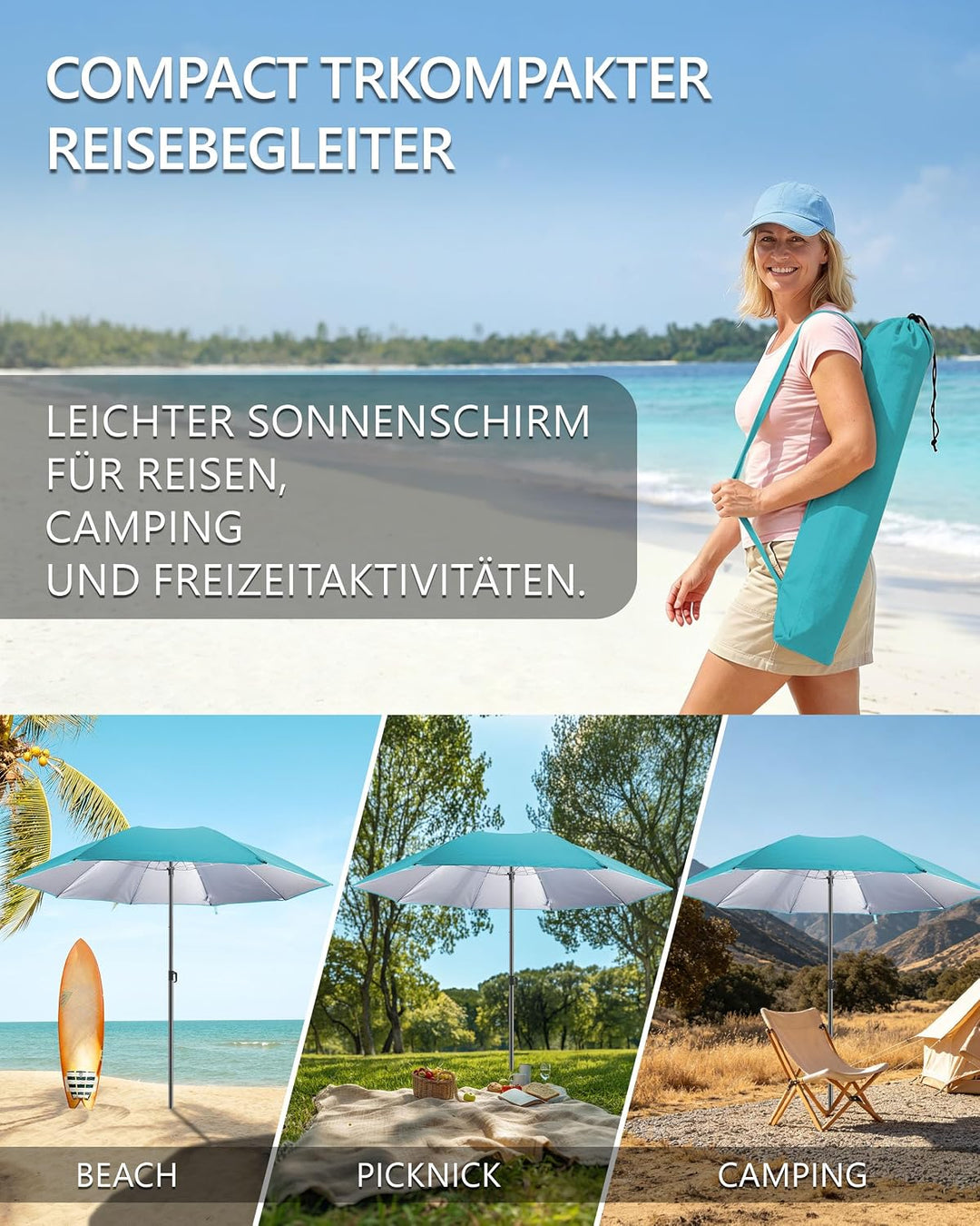 4smile Sonnenschirm Strand Ø 160 cm - UPF 50+ Praktischer Reise Sonnenschirm für Koffer - Funktionel