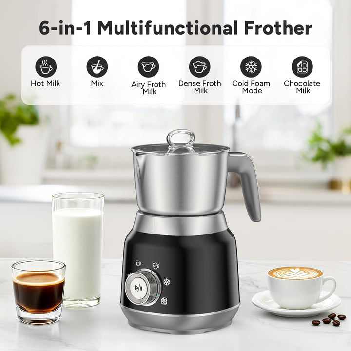 6-in-1 Elektrischer Milchschäumer und Dampfer mit abnehmbaren Bechern, Automatischer Kalter und Warm