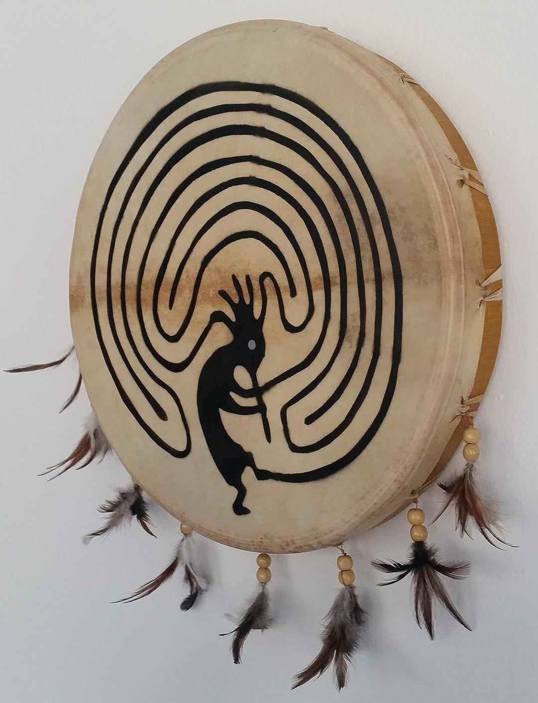 Schamanentrommel Bemalt Ø 30 cm Rund Indianer Federn Shaman Drum Goat Skin inkl. Stick