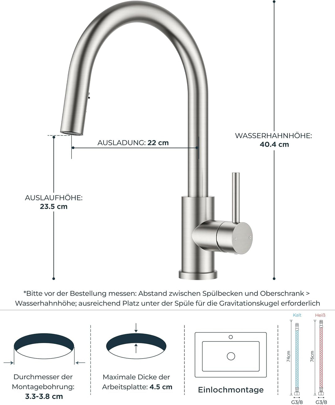 FORIOUS Wasserhahn Küche, Mischbatterie Küche mit Ausziehbar, Hochgebogene Küchenarmatur mit 2 Sprüh