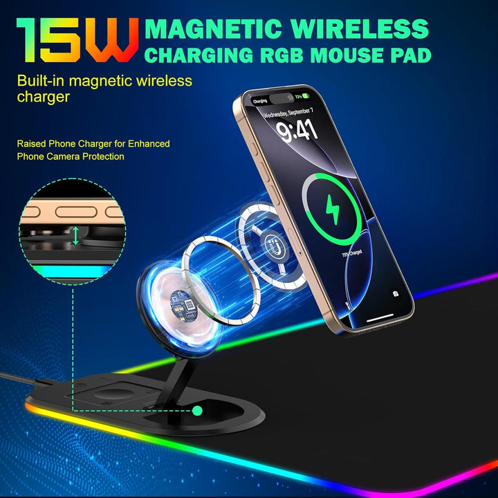 RGB Gaming Mauspad 15W Qi Mousepad LED 800x350x4mm 10 Beleuchtungsmodi mit 10W Schnellladung Qi Kabe