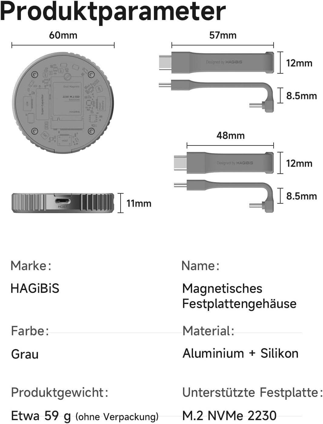 Hagibis Magnetisches M.2 2230 NVMe SSD-Gehäuse mit Magsafe für iPhone 15 Pro Max ProRes, USB C 3.2 G