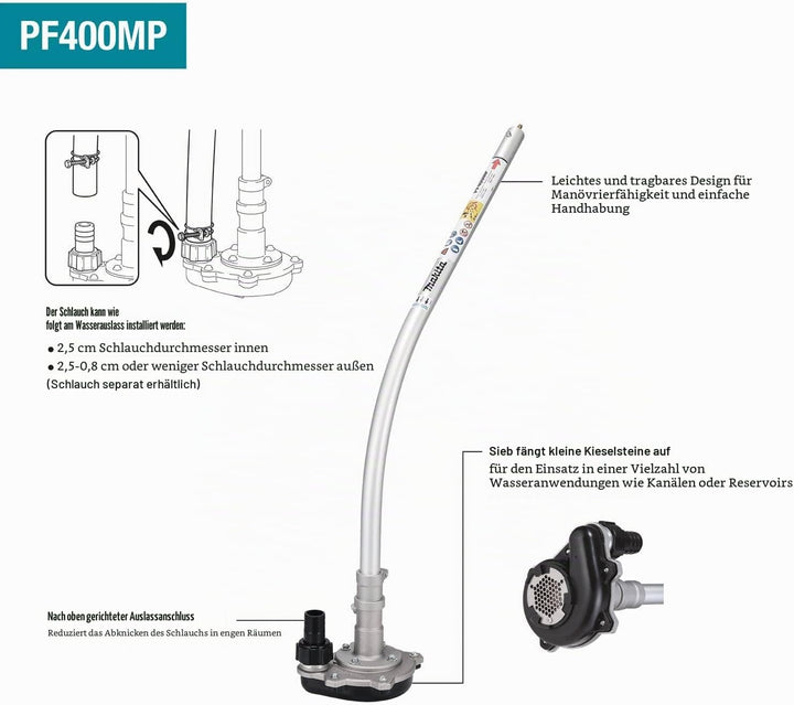 Makita PF400MP Tauchpumpenaufsatz, 1" Zoll Schlauchanschluss, Aufsatz zum Abpumpen von Teichen oder