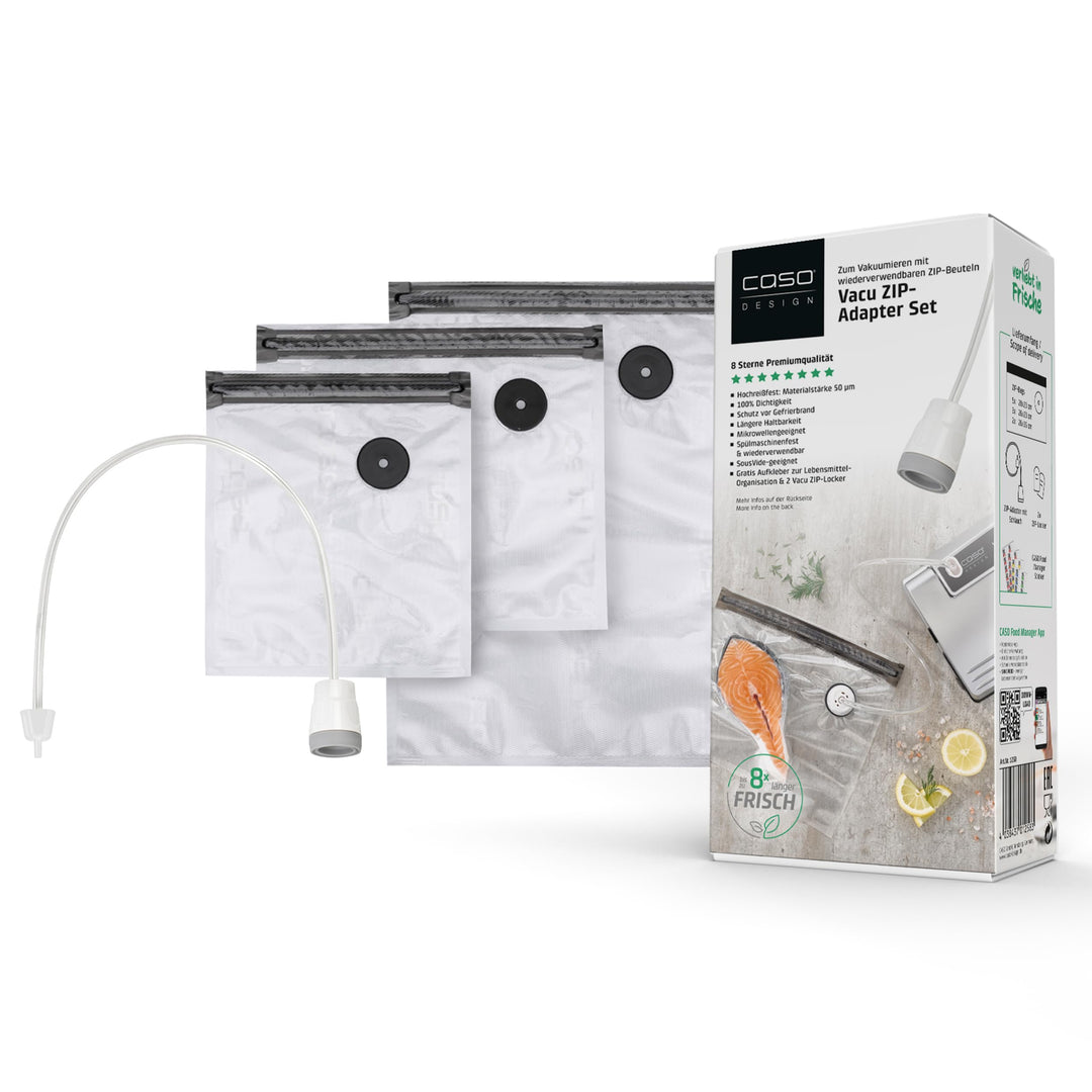 CASO Vacu ZIP-Adapter Set - Vakuumzubehör bestehend aus einem ZIP-Adapter, einem Vakuumschlauch, 10