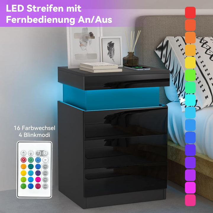 Lvhecforhm Nachttisch mit Ladestation, Nachttisch mit LED Licht, Nachttische mit USB Anschlüsse, Sch