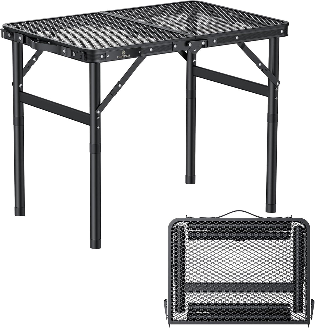 FUNYKICH Tragbarer Grilltisch 58 x 40cm, Campingtisch Outdoor Klappbar mit 3 Höhen Verstellbarer(26/
