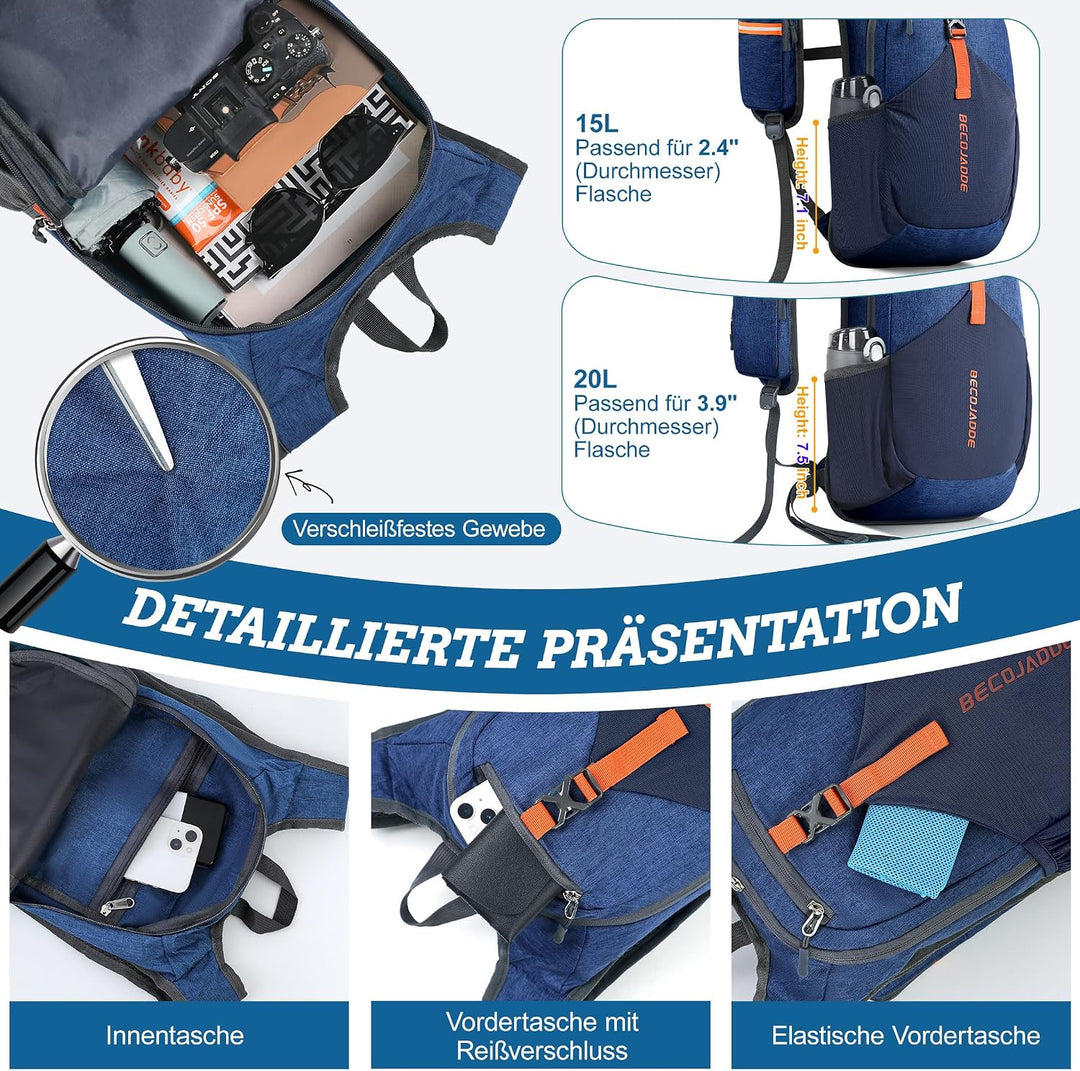 15L Wanderrucksack Herren Kleiner Rucksack Damen Leichter Daypack Tagesrucksack Faltbarer Trekkingru