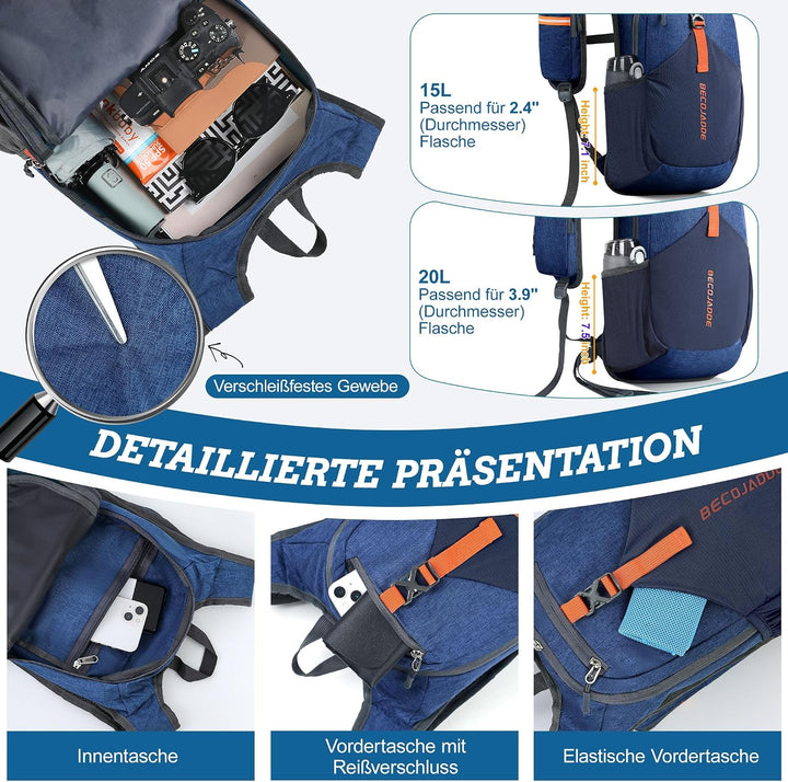 15L Wanderrucksack Herren Kleiner Rucksack Damen Leichter Daypack Tagesrucksack Faltbarer Trekkingru
