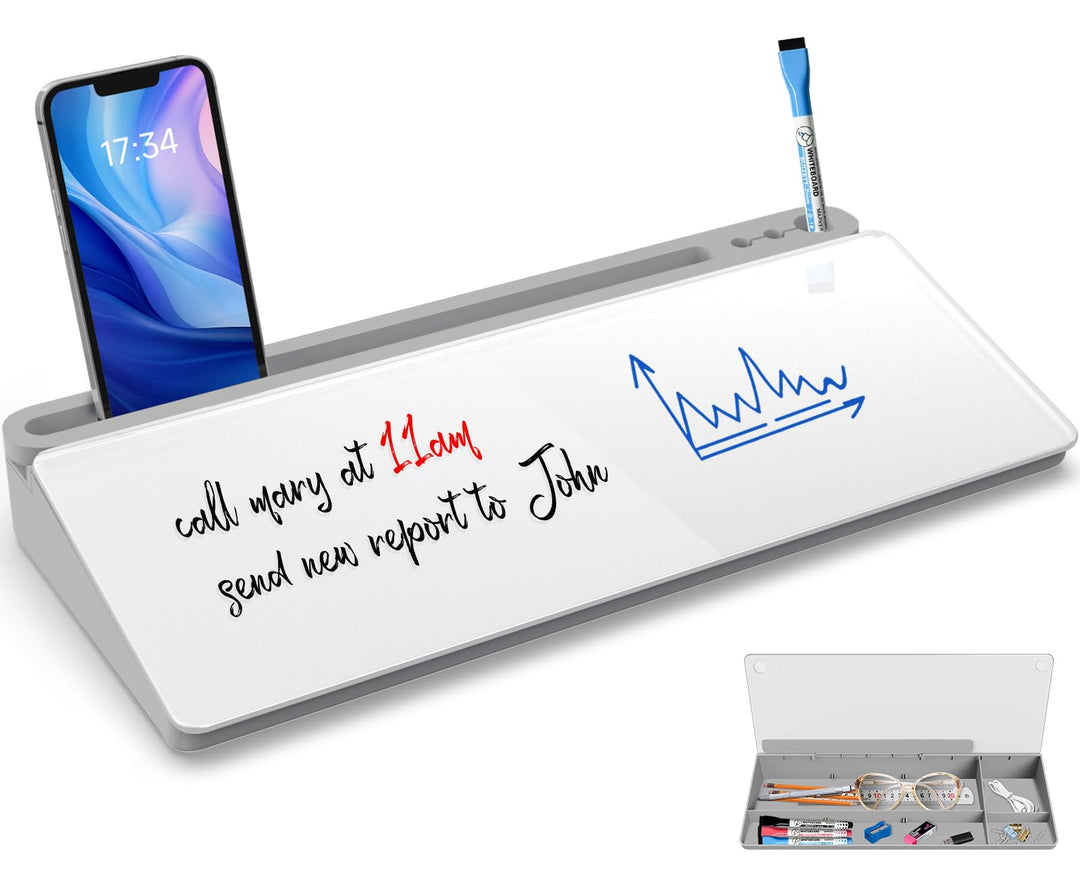 Schreibtisch Whiteboard aus Glas mit Stauraum, Trockenwisch Memoboard inkl. 3 Markern – Organizer er