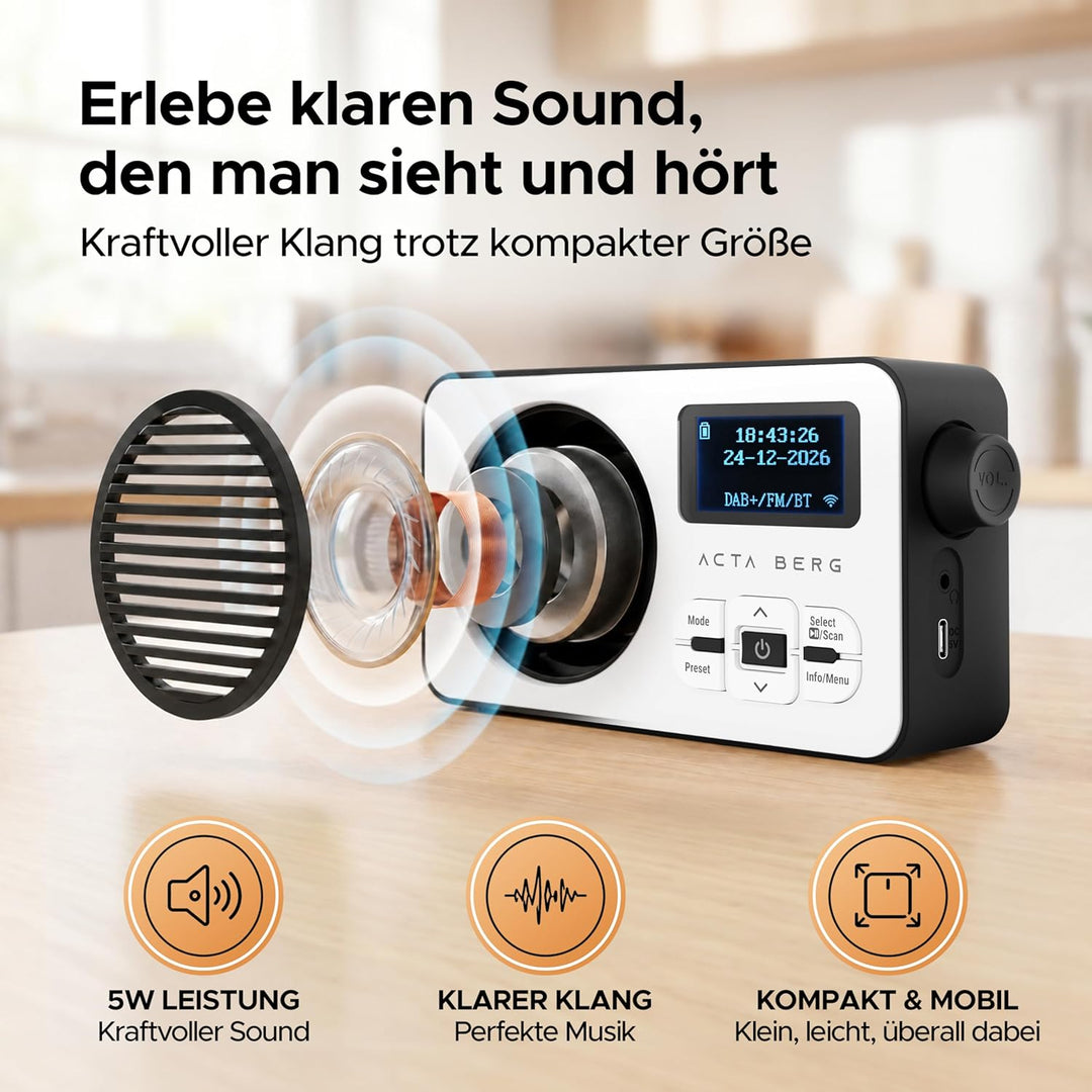 Acta Berg DAB Radio mit Akku 5000mAh austauschbar | Küchenradio mit BT 5.3 | DAB+/UKW-Radio | Digita