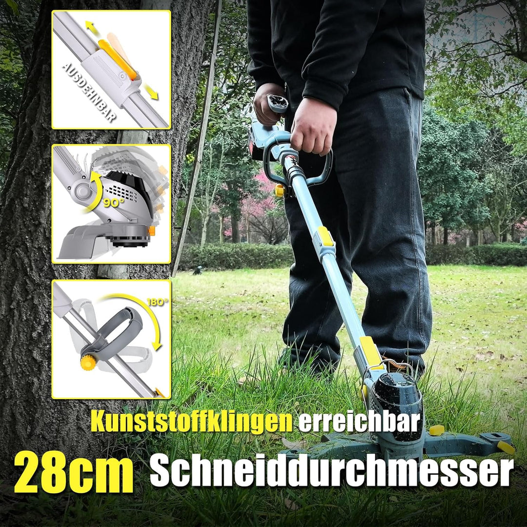 28CM Akku-Rasentrimmer, (2 x 21V 4.0A Akku und schnelles Ladegerät, Hilfsgleitrad, Trimmrad, Teleslo