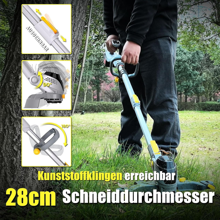 28CM Akku-Rasentrimmer, (2 x 21V 4.0A Akku und schnelles Ladegerät, Hilfsgleitrad, Trimmrad, Teleslo
