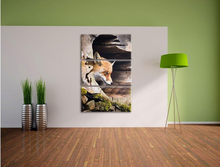 Pixxprint Fuchs im Baumstamm als Leinwandbild/Grösse: 3 Teilig (120x80) cm/Wandbild/Kunstdruck/ferti