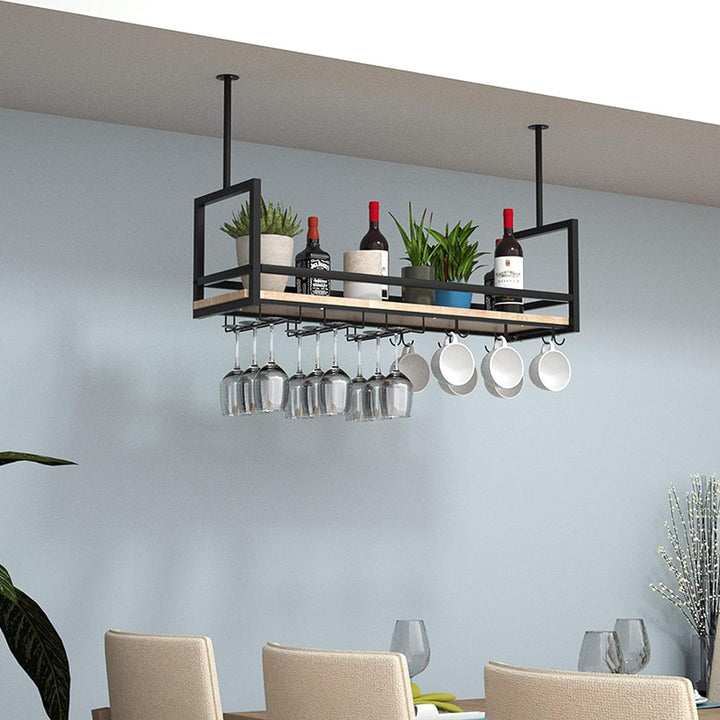 DSVONAUS Deckenregal Hängende Lagerregale Schwarz, Decke Weinglasregale, Eisen Massivholz Weinregal,
