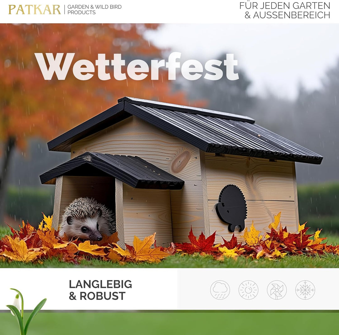 PATKAR Igelhaus Winterfest mit Boden [SCHÜTZT VOR FRESSFEINDEN] - Premium Igelfutterhaus (Made in Eu