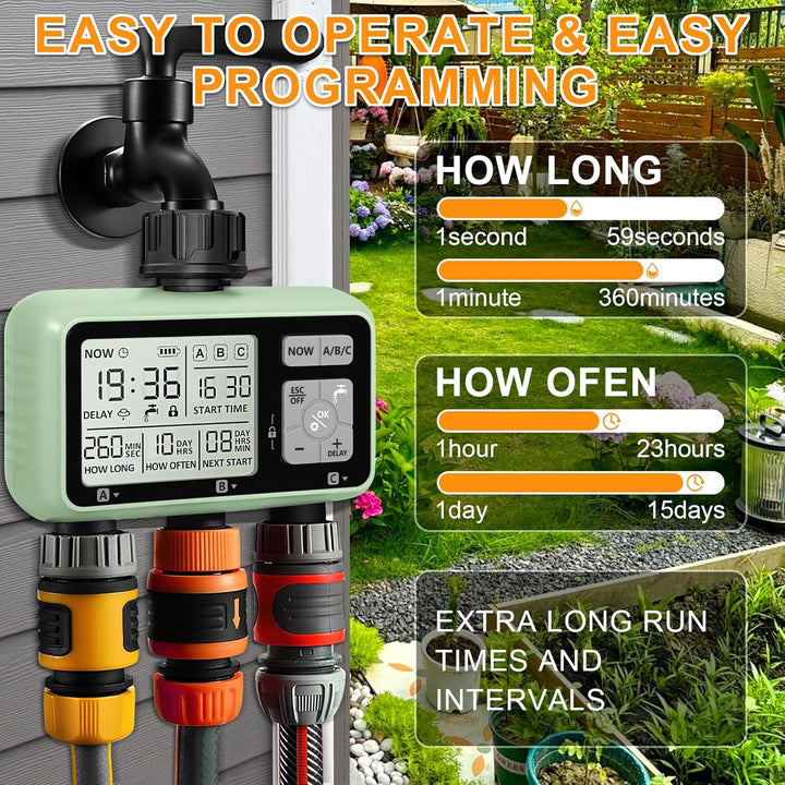 Automatischer Bewässerungstimer, Gartenbewässerungstimer mit LCD Display, 3 Strecken Wasserhahn Time