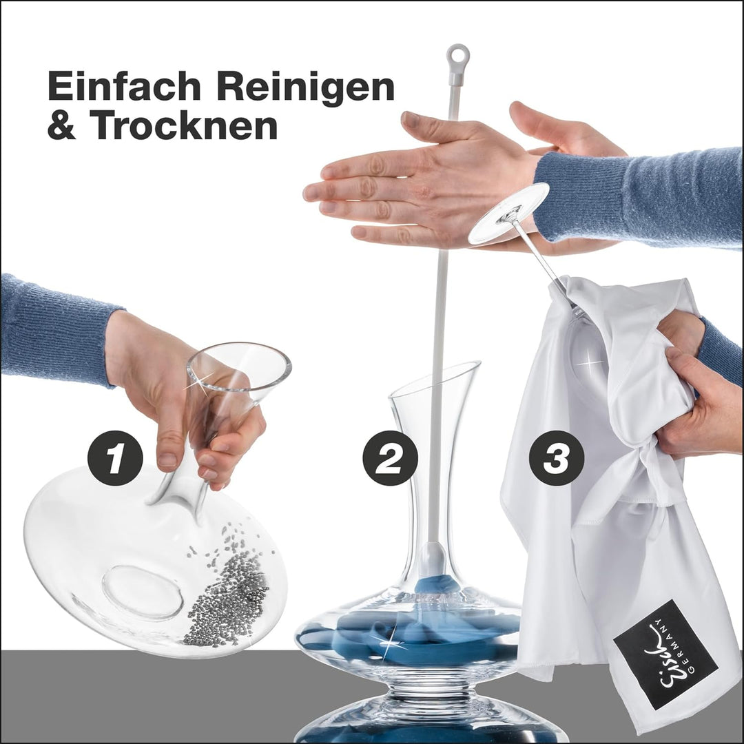 Eisch Glas Reinigungs Set – Müheloses Reinigen und Trocknen von Dekanter, Karaffe oder Flasche mit R