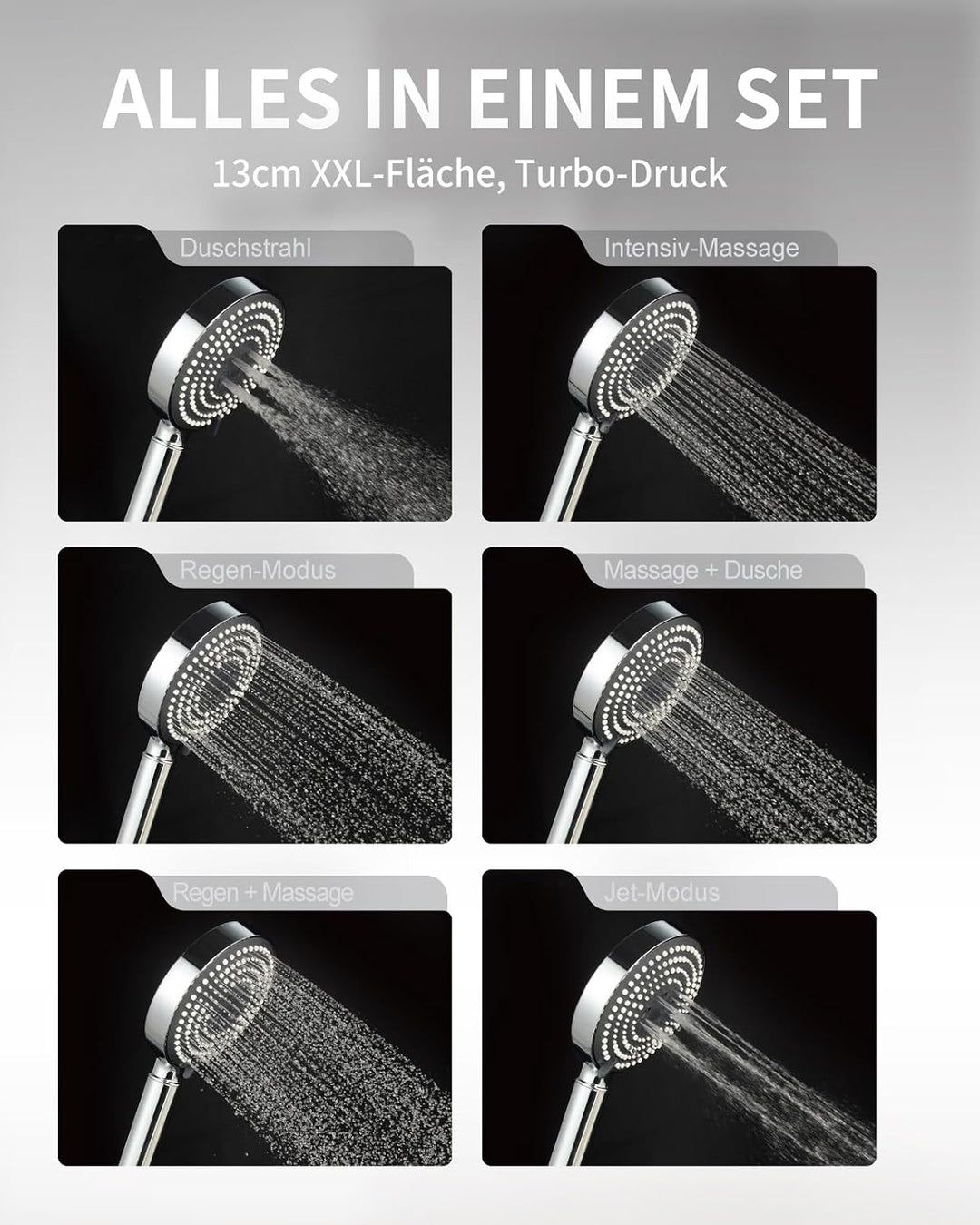 OFFO Duschkopf mit Schlauch 1,6m mit Verdrehschutz, Handbrause mit Filter 6 Strahlarten, Duschkopf G
