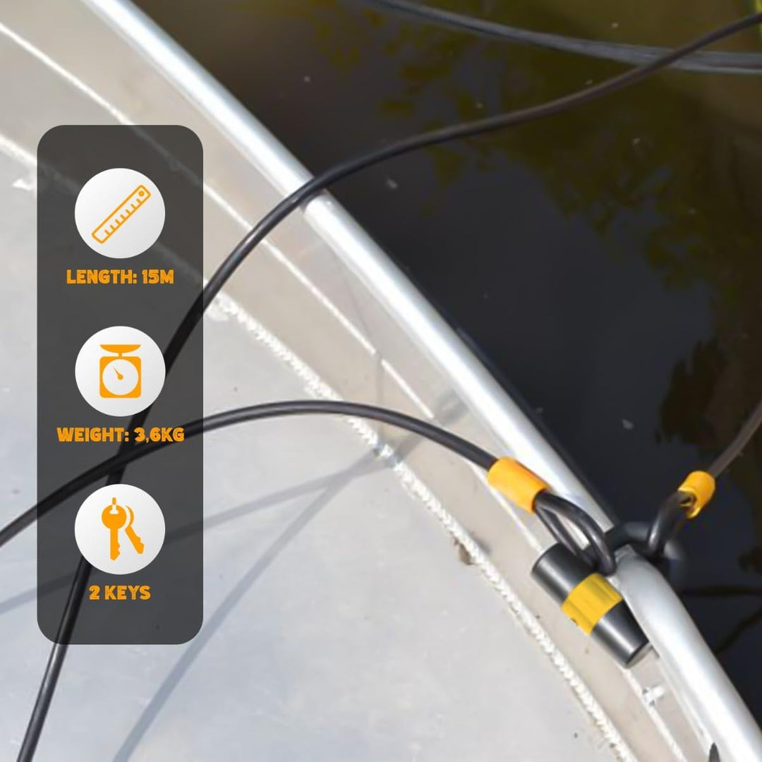 VINZ Kinabalu Kabelschloss / Schlaufenkabel ø12mm | 15 meter lang | Stahlseil mit Schloss mit Kunsts