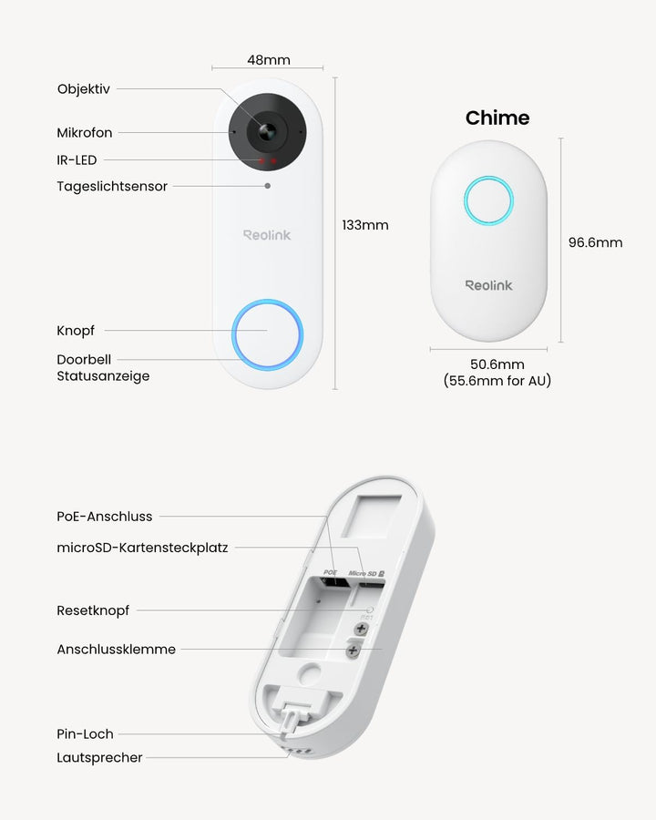 Reolink 5MP Video-Türklingel PoE-Kamera mit Chime, 3:4 Kopf-zu-Fuss-Ansicht, 2-Wege-Audio, Personen-