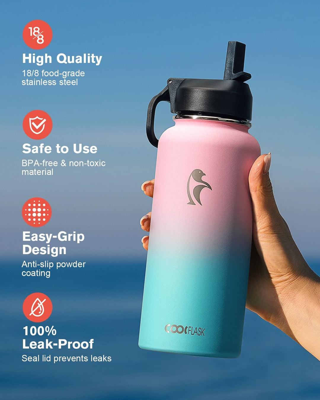 Coolflask Isolierte Wasserflasche 1L, Edelstahl Isolierte Wasserflasche mit Strohhalm & 3 Deckeln, D
