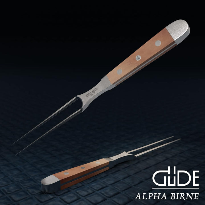 GÜDE Solingen - Fleischgabel geschmiedet, 18 cm, Birnenholz, ALPHA BIRNE, Doppelkropf, Handmade Germ
