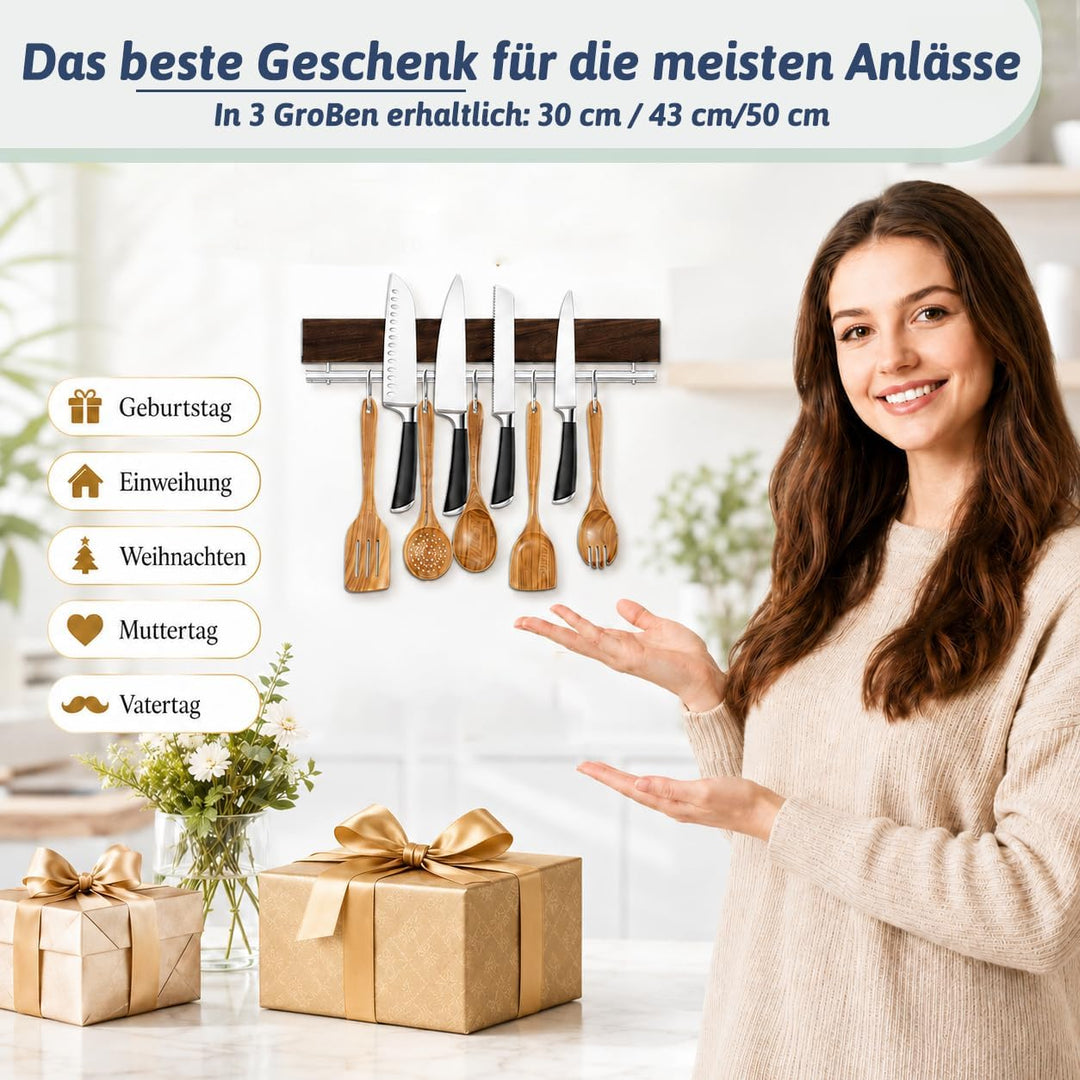 Magnetleiste Messer, 30cm Walnuss-Optik Messerhalter magnetisch mit 5 Haken, Magnet Messerhalter ohn