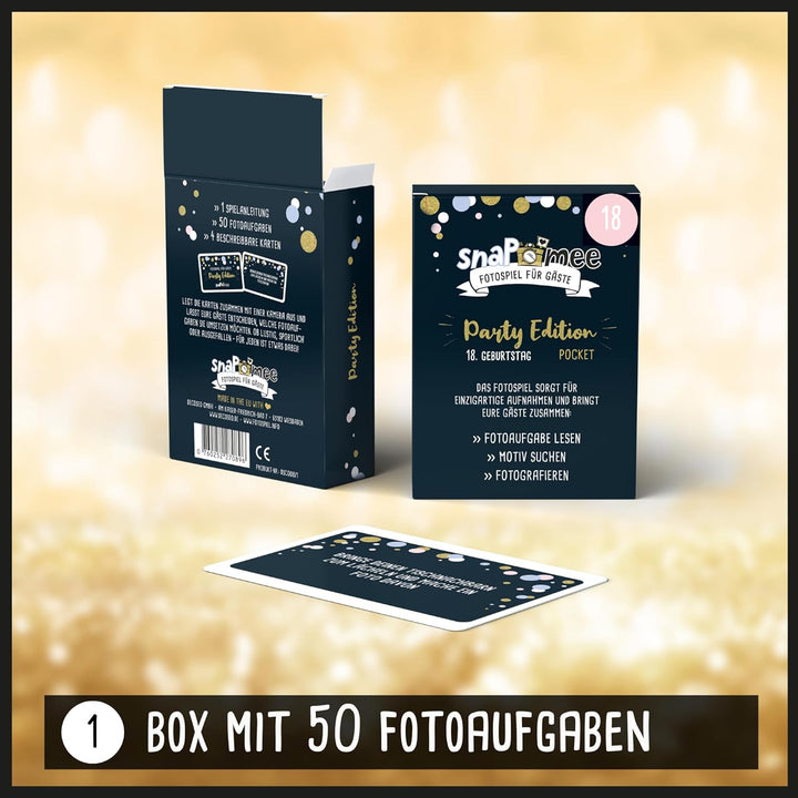 Fotospiel Set 18 Geburtstag by snaPmee - Fotoaufgaben, Hardcover-Gästebuch (21x21cm), Stift, Sticker