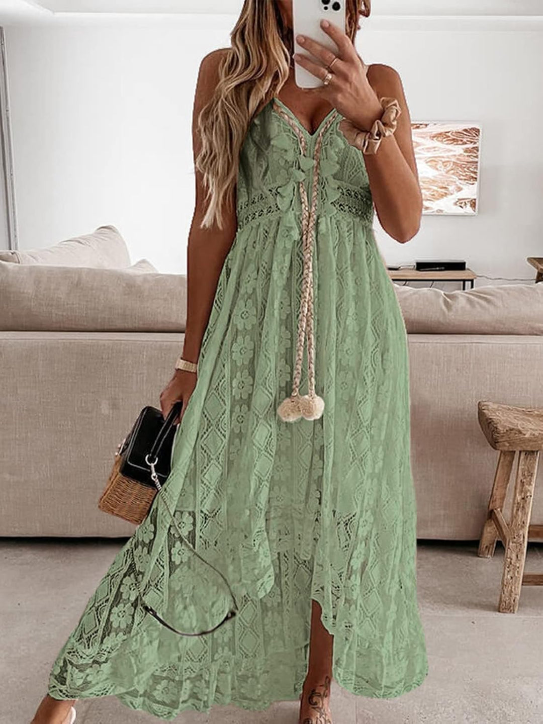 CUPSHE Damen Sommerkleid V Ausschnitt Floral Spitze Quasten Spaghetti Trägerkleid Freizeitkleider Hi