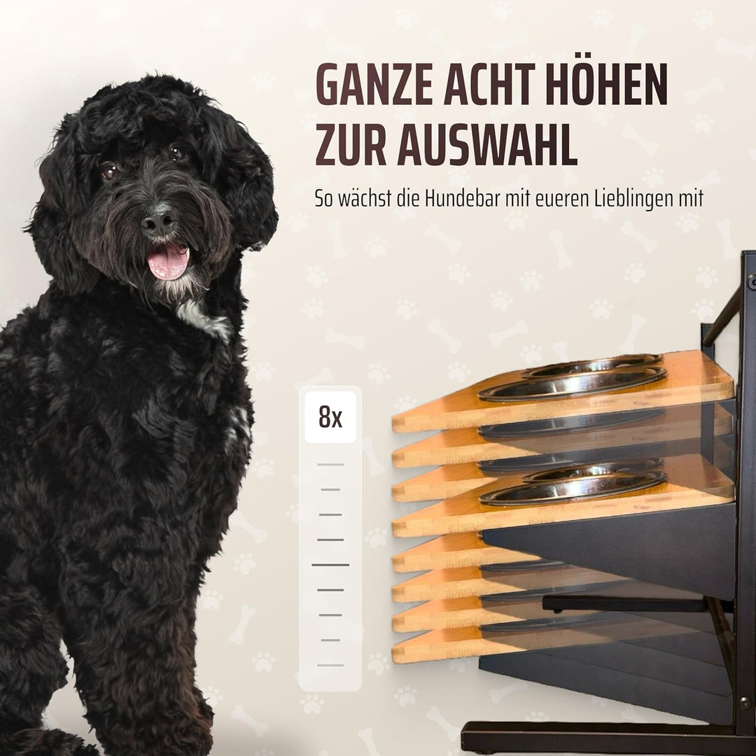 PetVita® - Erhöhter Hundenapf: ALLinONE Hundebar, 12 mal höhenverstellbar mit 2 Edelstahlnäpfen, Fut
