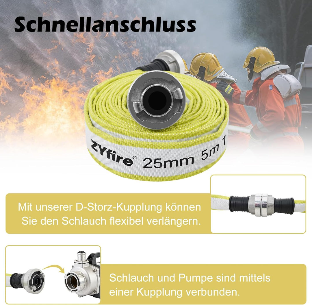 ZYfire Feuerwehrschlauch 25mm x 5m | 1 Zoll Feuerschlauch mit D-Storz Kupplung | flexibler Wassersch
