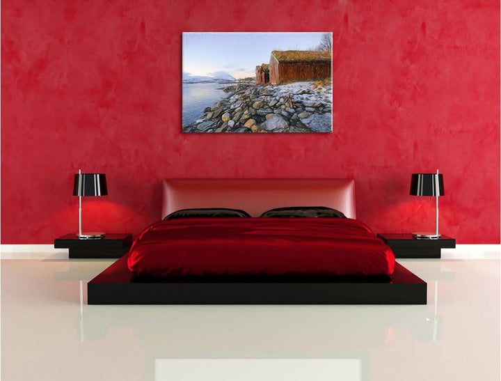 Pixxprint Küste der norwegischen See Tromso Kunst Buntstift Effekt, Format: 100x70 auf Leinwand, XXL