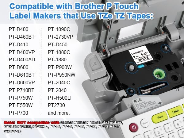 Upwinning kompatibel Brother P-touch bänder 9mm TZe-221 TZe221 AZe-221, Ersatz Brother P-touch Label