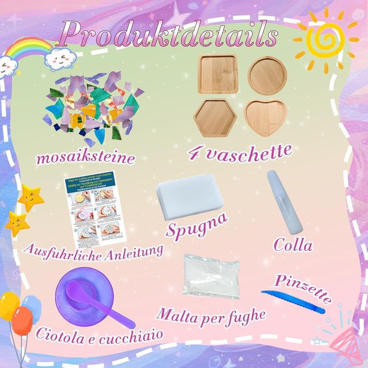 Mosaik Bastelset Kinder,4 Stück Mosaiksteine Zum Basteln und Holz Untersetzer, Mosaik Bastelset DIY