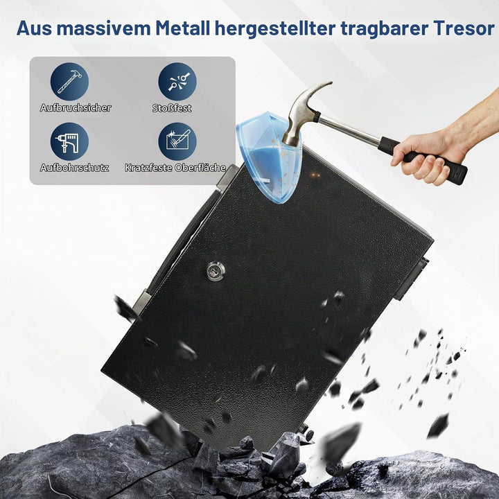 Tragbarer Safe Tresor Abschliessbare Box, Tragegriff Tresor für Zuhause, 33 x 22 x 12CM, Schwarz 9L,