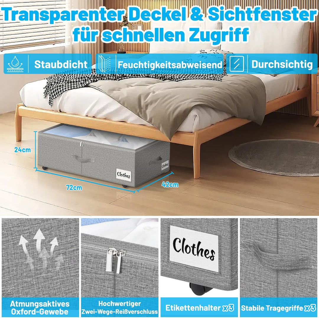 Unterbettkommode mit Rollen 360°Drehung, 2 Stück XXL 60L Unterbett Aufbewahrungsbox mit Transparente