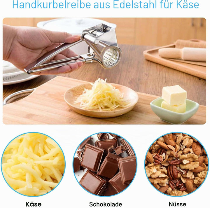 Gourmet Parmesanreibe Kurbel, Käsereibe mit Kurbel und 4 Schneidtrommeln, Edelstahl Parmesanreibe mi