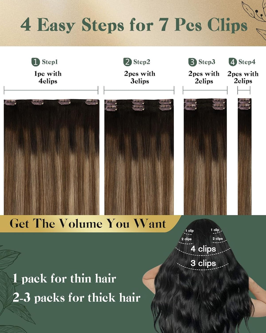 Ugeat Clip in Extensions Echthaar Balayage Braun Glatt Clip in Haarverlängerung Mittelbraun Balayage