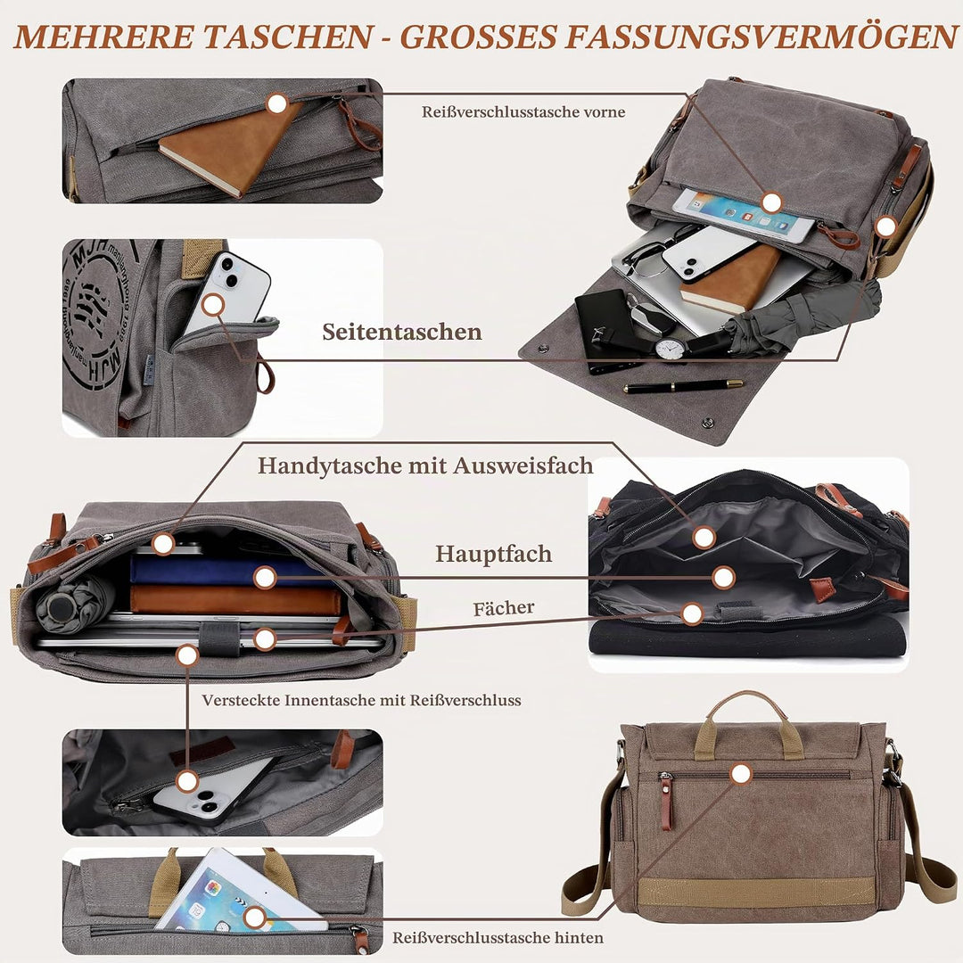 FSD.WG Umhängetasche für Herren aus Segeltuch, Reise-Schultertasche für 34,3 cm (13,5 Zoll) Laptopta