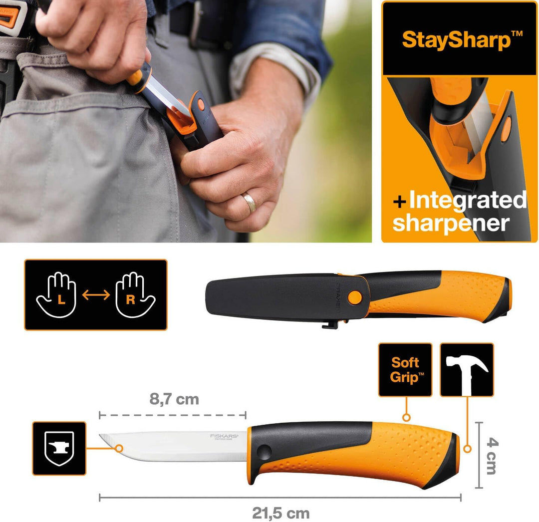Fiskars Universalmesser inklusive Holster mit integriertem Messerschärfer, Gesamtlänge: 21,5 cm, Sch