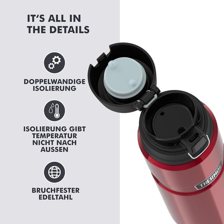 THERMOS STAINLESS KING BOTTLE 0,70 l, cranberry red, Thermosflasche aus Edelstahl mit Safe Flow Lid,