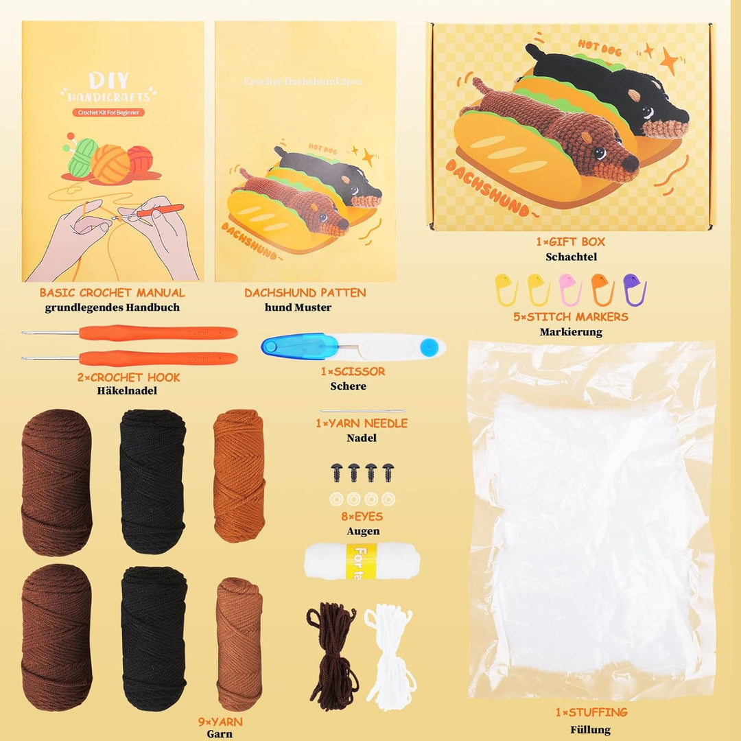 Häkelset für Anfänger - Tier Kit mit Dackel Garn, Haken, Nadeln und Schritt-für-Schritt-Video - Eins