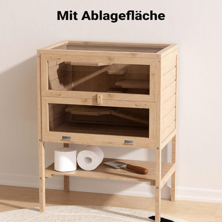 Wiltec 3 Etagen Nagerkäfig, 600 x 400 x 800 mm, aus Holz, mit klappbarem Deckel & Sichtfenster, Klei