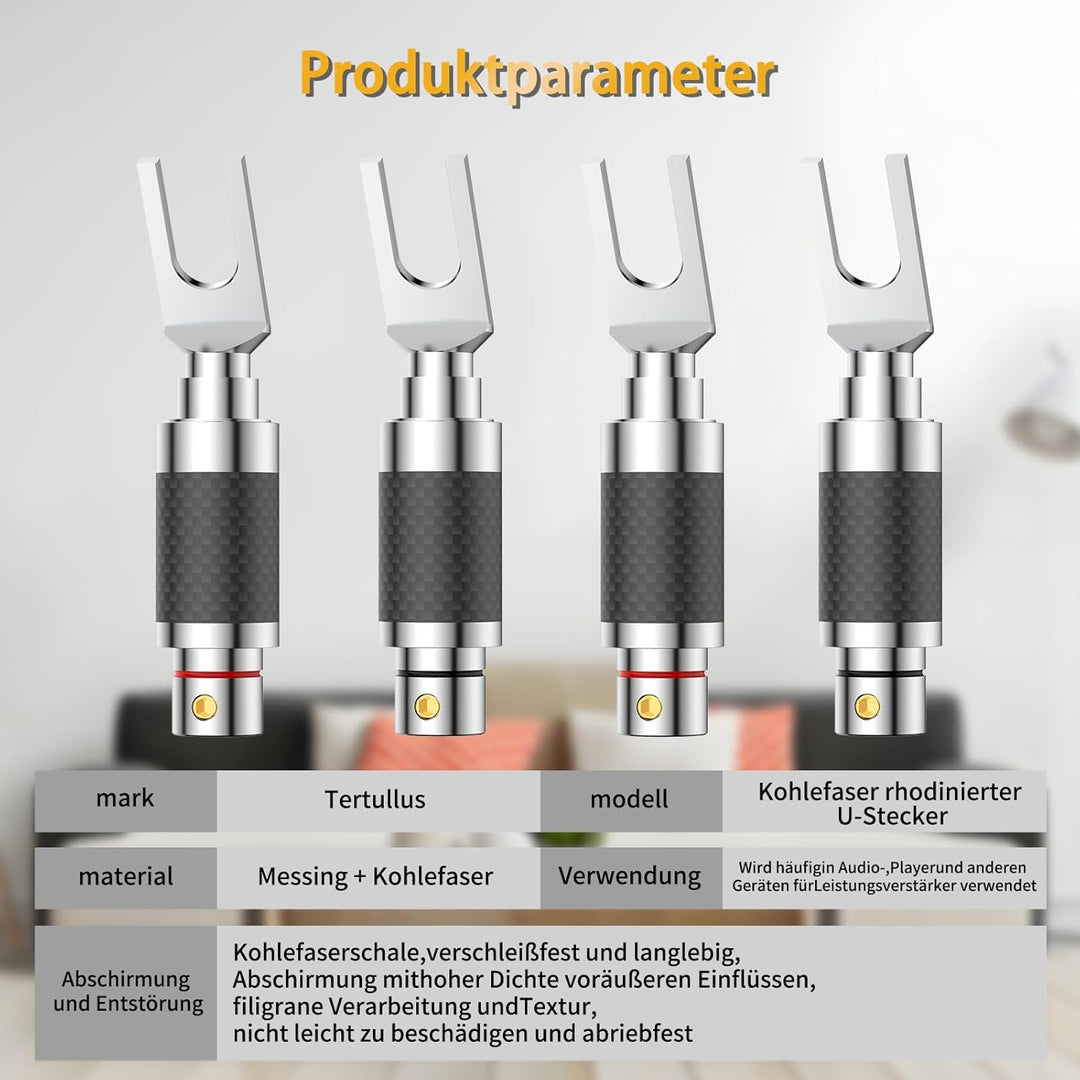 Tertullus 4 Stücke High End Kabelschuhe Gabelstecker Klemmen Verbinder Carbon Gabelweite 8,0 mm Voll